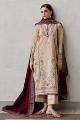 BrandsInn-3PC DHANAK EMBROIDERED SHIRT WITH DHANAK EMBROIDERED SHAWL AND TROUSER-BI-4345